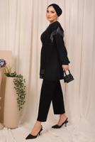 Tesettür giyim SİYAH ZİNCİR DETAYLI KUŞAKLI PANTOLONLU TAKIM T 7703