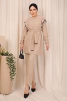 Tesettür giyim BEJ ZİNCİR DETAYLI KUŞAKLI PANTOLONLU TAKIM T 7703
