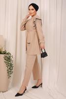 Tesettür giyim BEJ ZİNCİR DETAYLI KUŞAKLI PANTOLONLU TAKIM T 7703