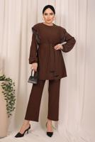 Tesettür giyim KAHVE ZİNCİR DETAYLI KUŞAKLI PANTOLONLU TAKIM T 7703