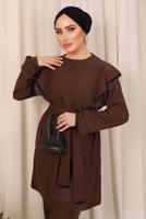 Tesettür giyim KAHVE ZİNCİR DETAYLI KUŞAKLI PANTOLONLU TAKIM T 7703