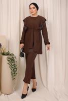 Tesettür giyim KAHVE ZİNCİR DETAYLI KUŞAKLI PANTOLONLU TAKIM T 7703