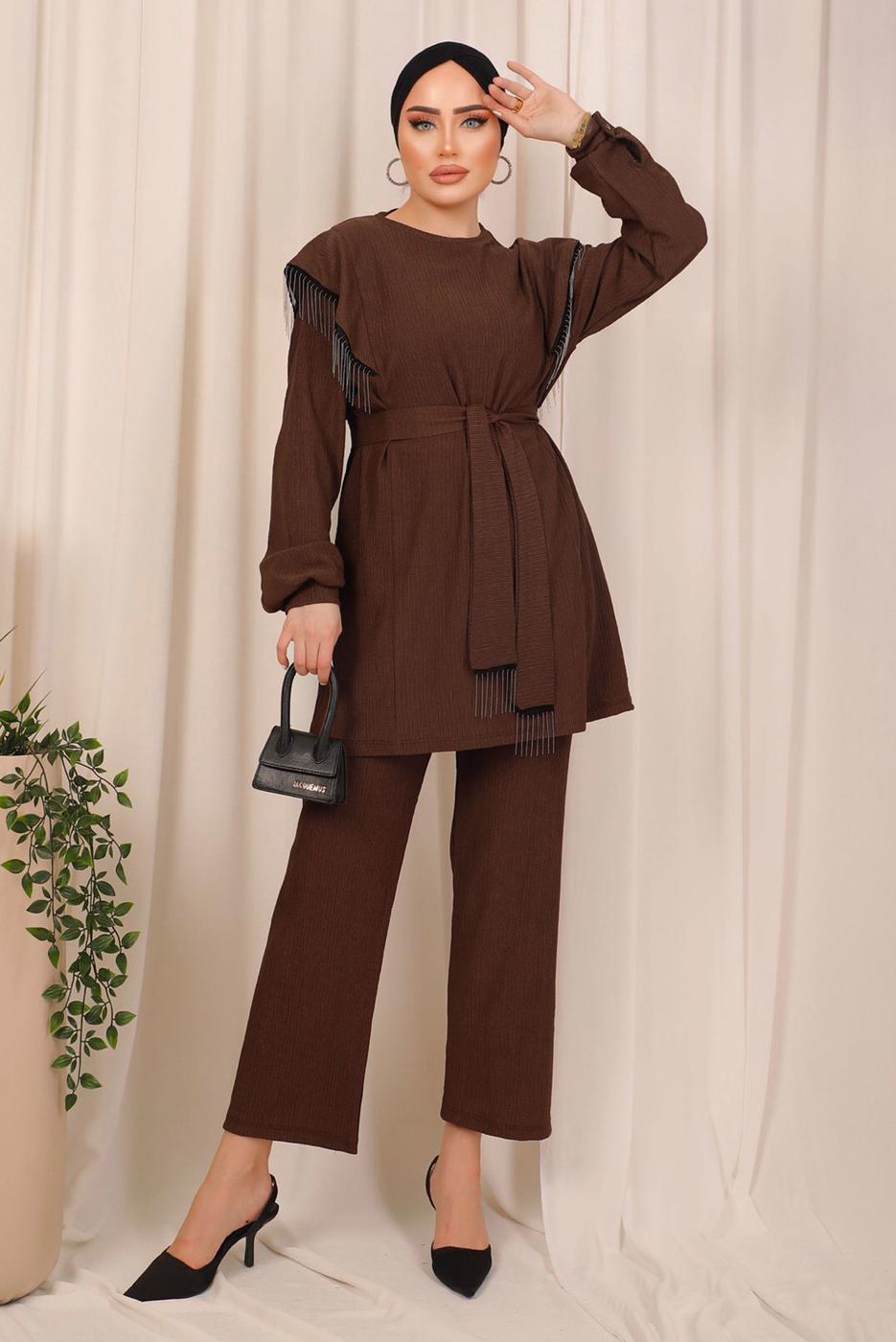 Tesettür giyim KAHVE ZİNCİR DETAYLI KUŞAKLI PANTOLONLU TAKIM T 7703