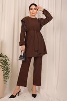 Tesettür giyim KAHVE ZİNCİR DETAYLI KUŞAKLI PANTOLONLU TAKIM T 7703