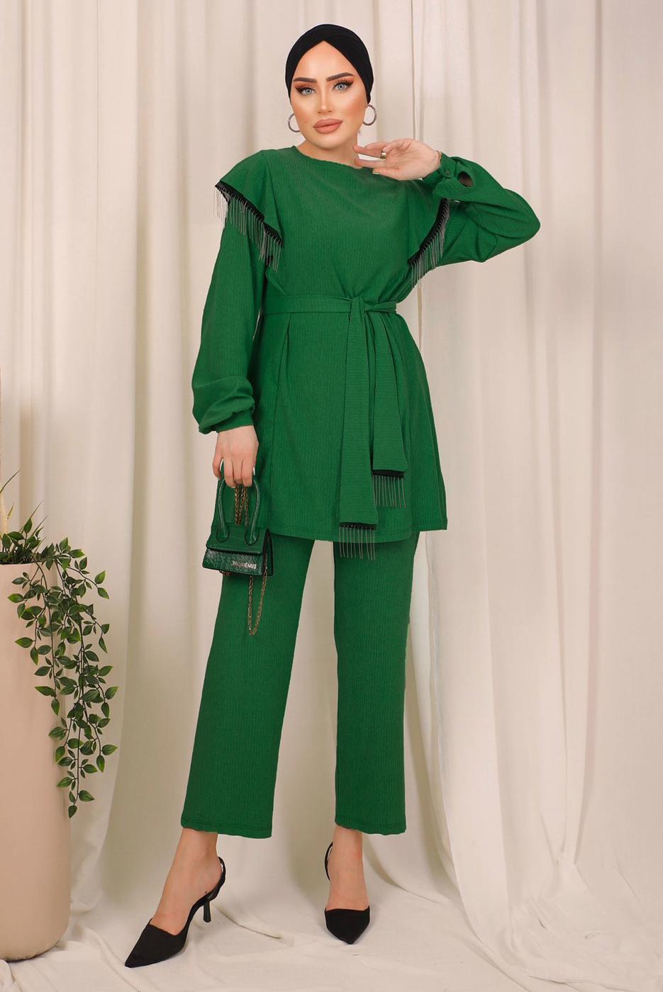Tesettür giyim YEŞİL ZİNCİR DETAYLI KUŞAKLI PANTOLONLU TAKIM T 7703