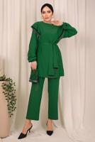 Tesettür giyim YEŞİL ZİNCİR DETAYLI KUŞAKLI PANTOLONLU TAKIM T 7703