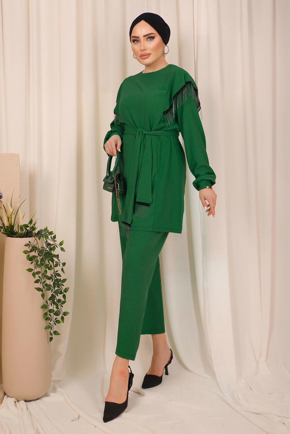 Tesettür giyim YEŞİL ZİNCİR DETAYLI KUŞAKLI PANTOLONLU TAKIM T 7703