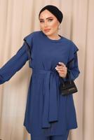 Tesettür giyim LACİVERT ZİNCİR DETAYLI KUŞAKLI PANTOLONLU TAKIM T 7703