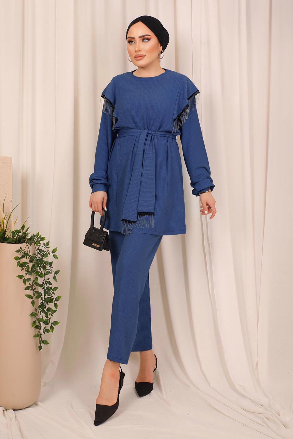 Tesettür giyim LACİVERT ZİNCİR DETAYLI KUŞAKLI PANTOLONLU TAKIM T 7703