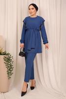 Tesettür giyim LACİVERT ZİNCİR DETAYLI KUŞAKLI PANTOLONLU TAKIM T 7703