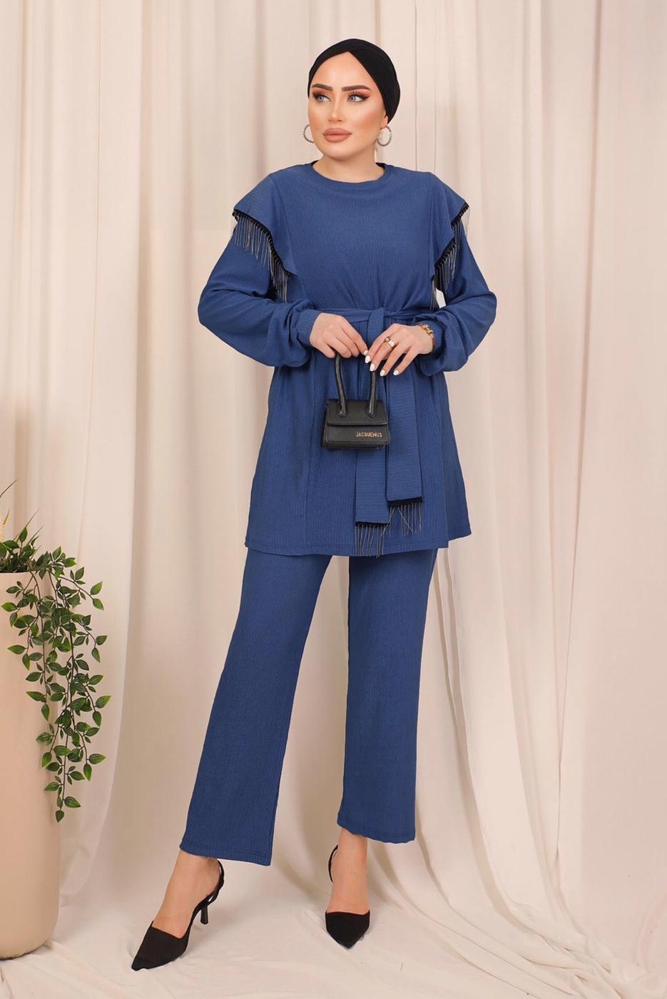 Tesettür giyim LACİVERT ZİNCİR DETAYLI KUŞAKLI PANTOLONLU TAKIM T 7703