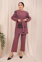 Tesettür giyim PEMBE ZİNCİR DETAYLI KUŞAKLI PANTOLONLU TAKIM T 7703