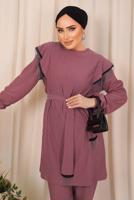 Tesettür giyim PEMBE ZİNCİR DETAYLI KUŞAKLI PANTOLONLU TAKIM T 7703