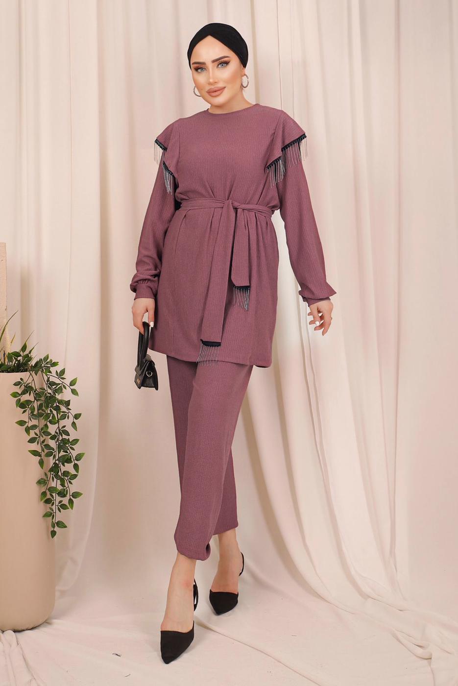 Tesettür giyim PEMBE ZİNCİR DETAYLI KUŞAKLI PANTOLONLU TAKIM T 7703
