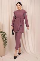 Tesettür giyim PEMBE ZİNCİR DETAYLI KUŞAKLI PANTOLONLU TAKIM T 7703