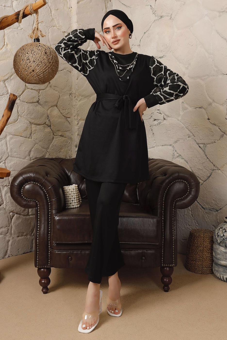 Tesettür giyim SİYAH KOLLARI ŞİFON DESENLİ ZİNCİR DETAYLI PANTOLONLU TAKIM T 8103