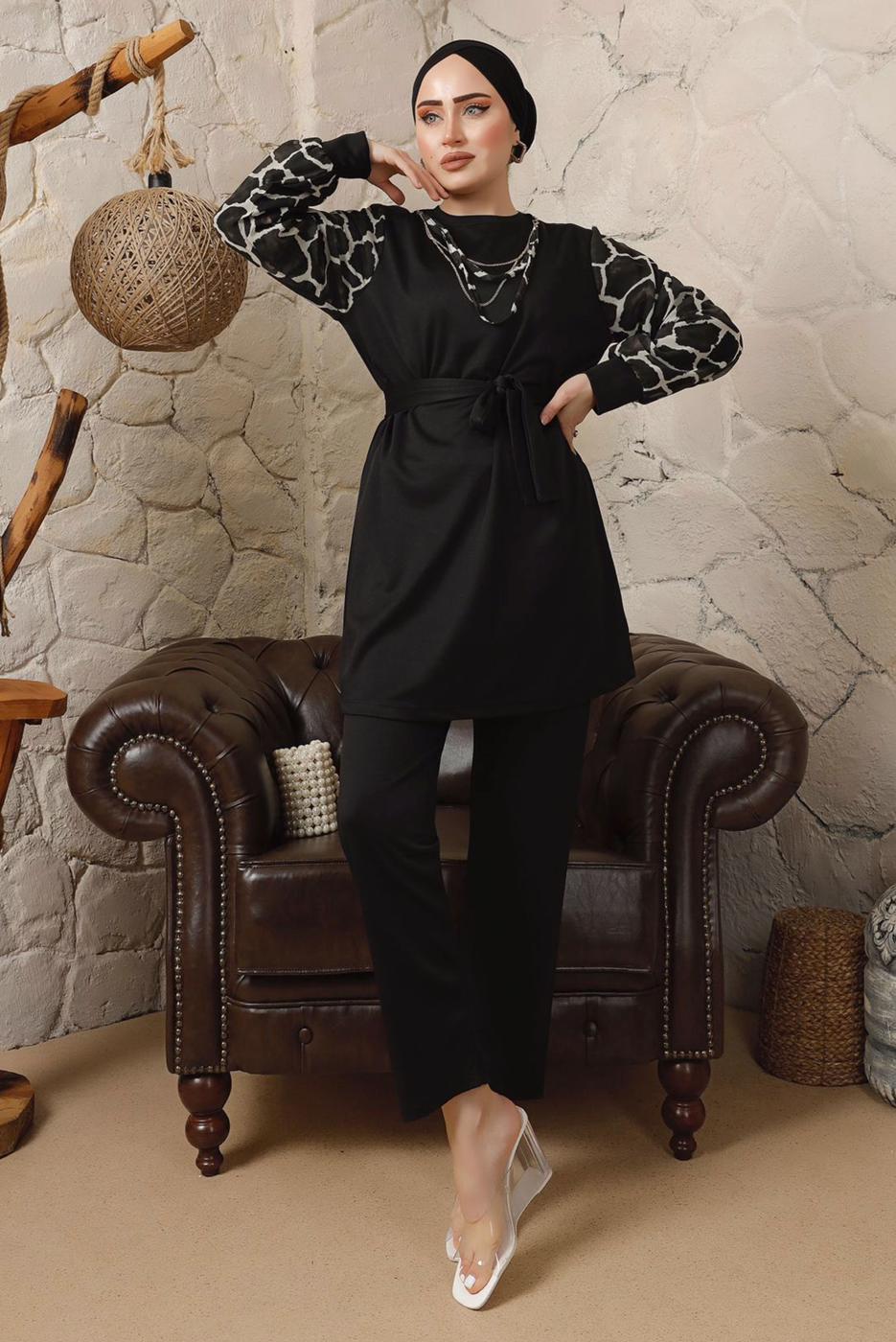 Tesettür giyim SİYAH KOLLARI ŞİFON DESENLİ ZİNCİR DETAYLI PANTOLONLU TAKIM T 8103