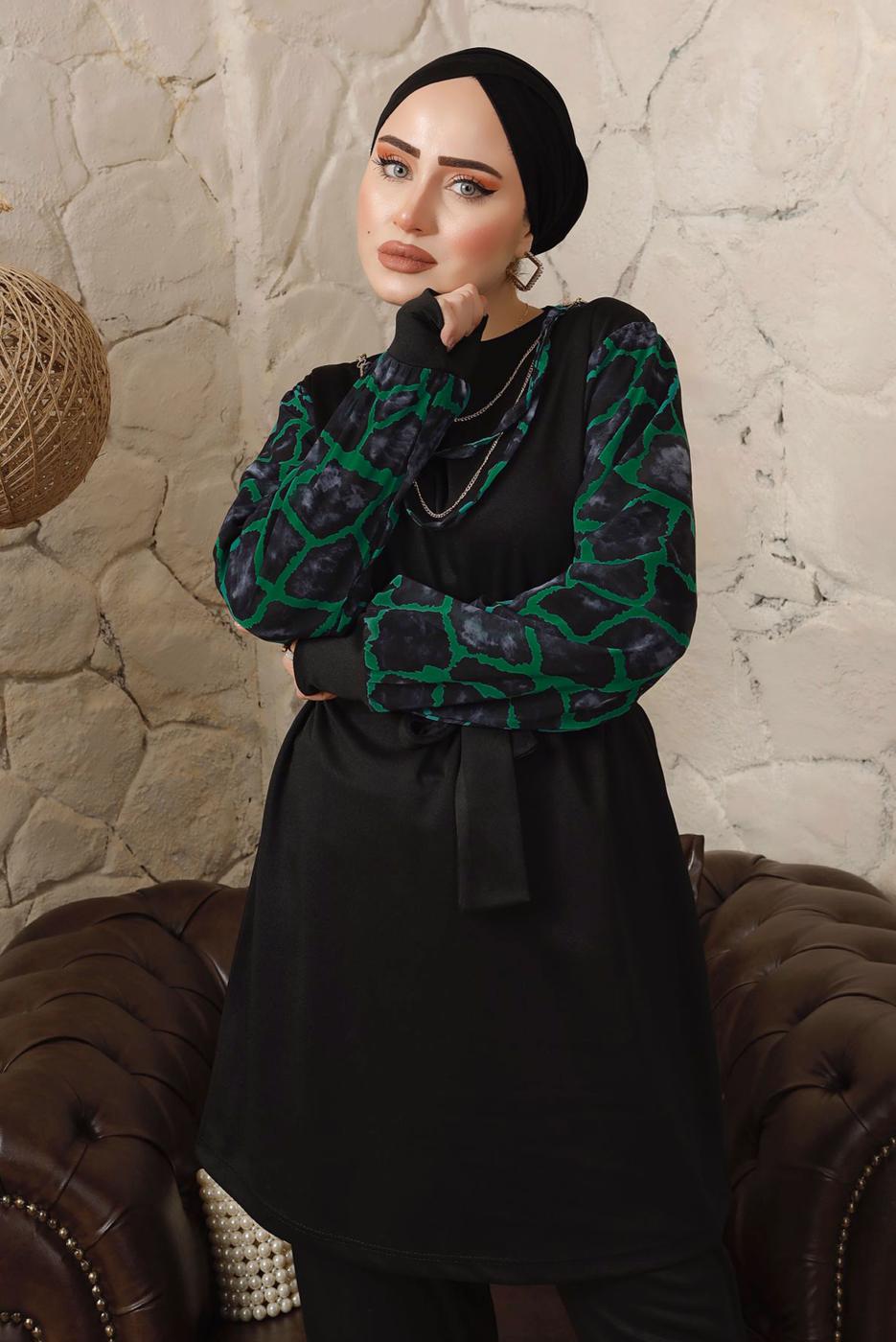 Tesettür giyim YEŞİL KOLLARI ŞİFON DESENLİ ZİNCİR DETAYLI PANTOLONLU TAKIM T 8103