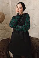 Tesettür giyim YEŞİL KOLLARI ŞİFON DESENLİ ZİNCİR DETAYLI PANTOLONLU TAKIM T 8103