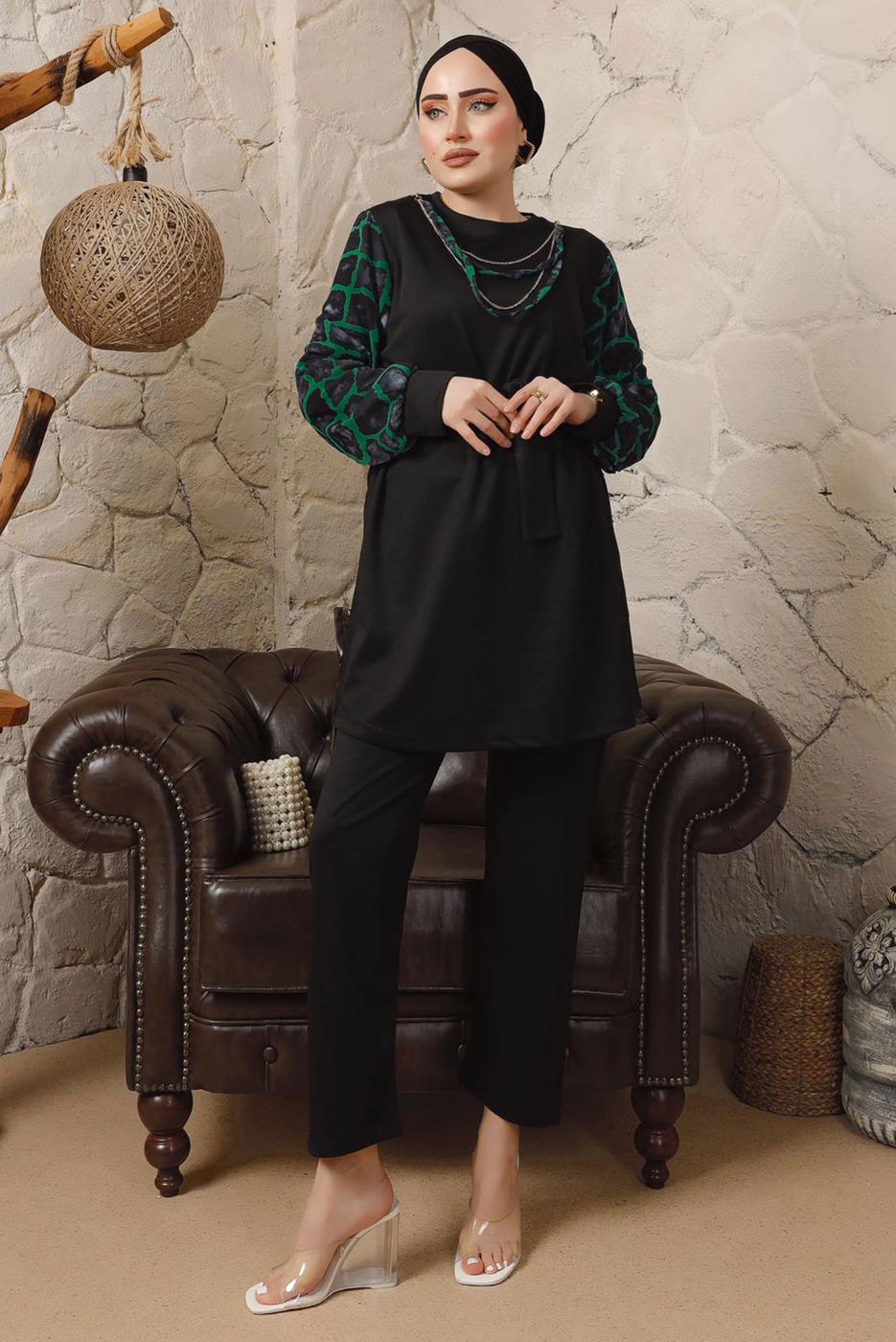 Tesettür giyim YEŞİL KOLLARI ŞİFON DESENLİ ZİNCİR DETAYLI PANTOLONLU TAKIM T 8103