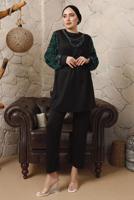 Tesettür giyim YEŞİL KOLLARI ŞİFON DESENLİ ZİNCİR DETAYLI PANTOLONLU TAKIM T 8103