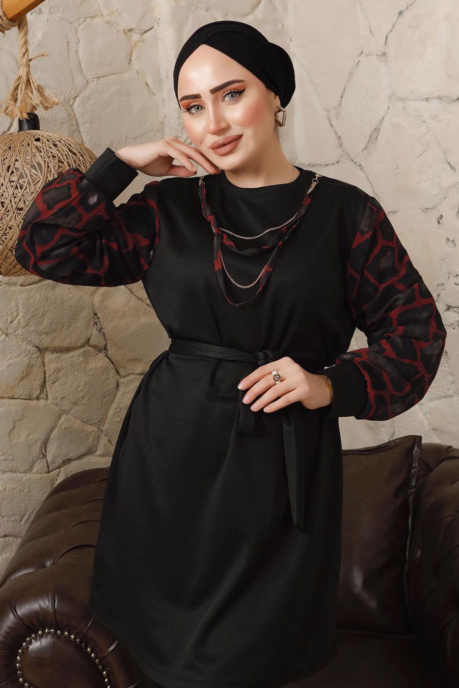 Tesettür giyim KIRMIZI KOLLARI ŞİFON DESENLİ ZİNCİR DETAYLI PANTOLONLU TAKIM T 8103