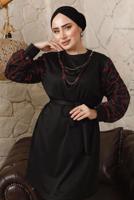 Tesettür giyim KIRMIZI KOLLARI ŞİFON DESENLİ ZİNCİR DETAYLI PANTOLONLU TAKIM T 8103