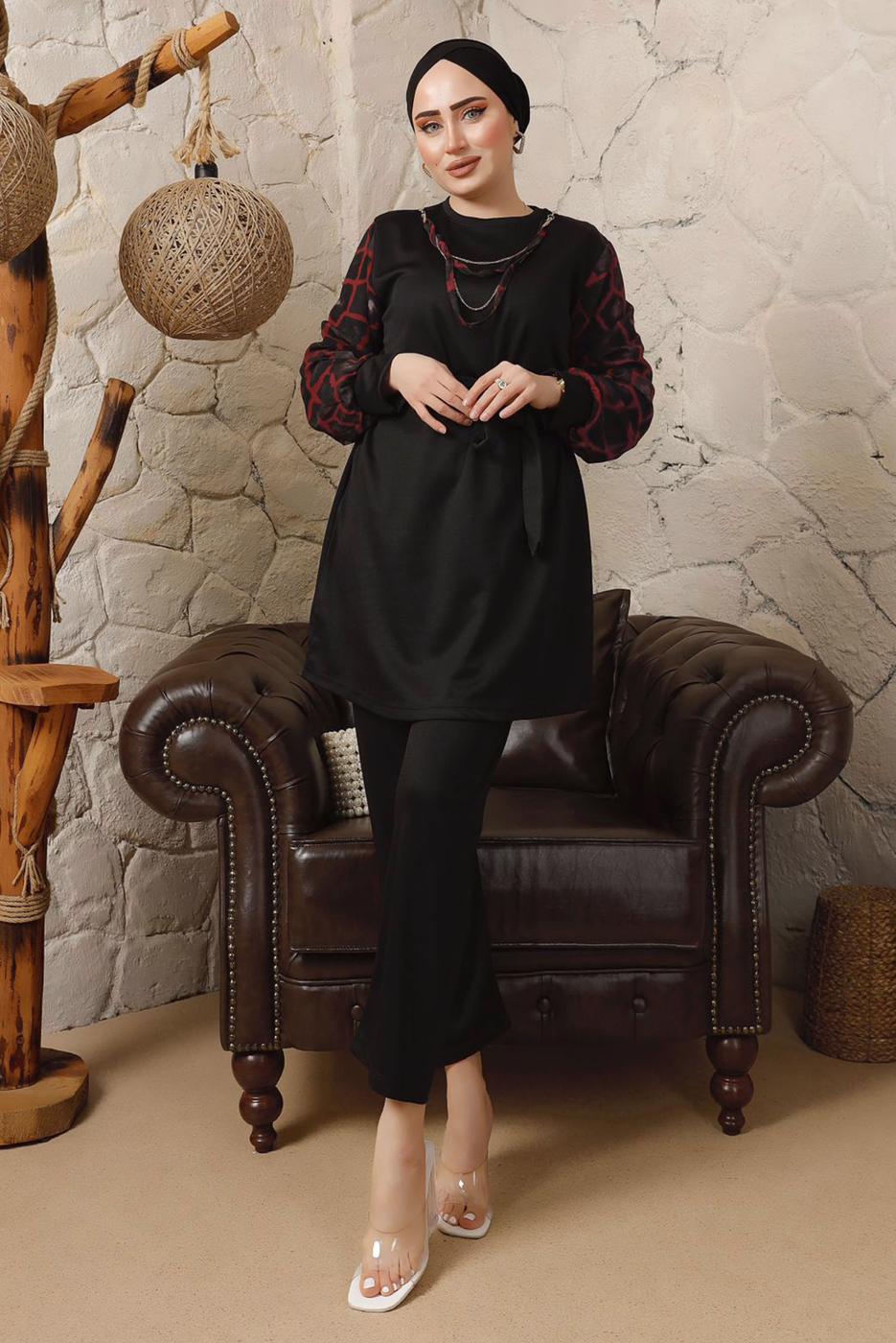 Tesettür giyim KIRMIZI KOLLARI ŞİFON DESENLİ ZİNCİR DETAYLI PANTOLONLU TAKIM T 8103