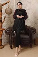 Tesettür giyim KIRMIZI KOLLARI ŞİFON DESENLİ ZİNCİR DETAYLI PANTOLONLU TAKIM T 8103