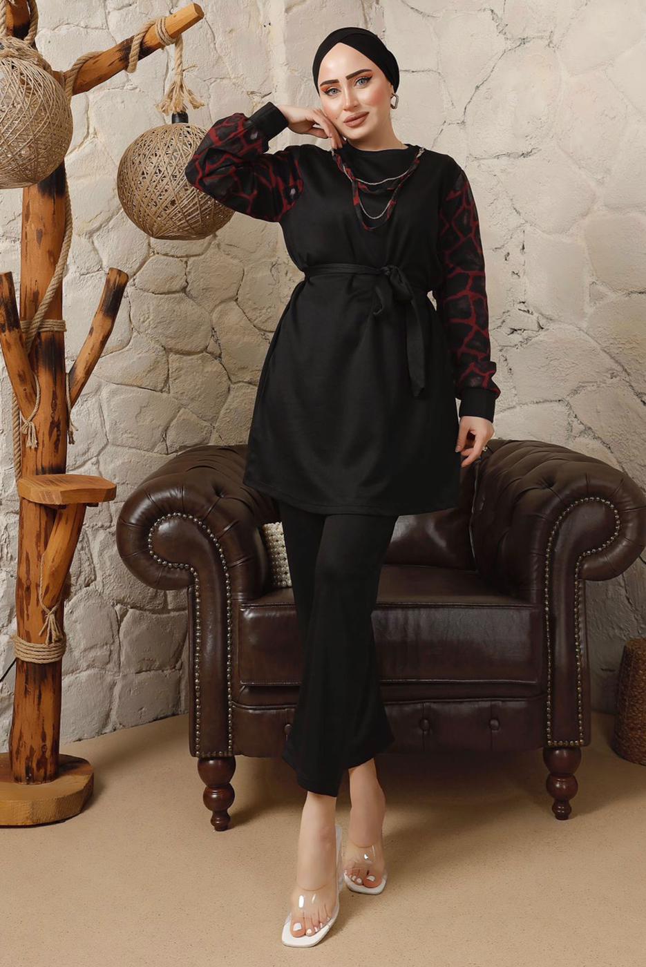 Tesettür giyim KIRMIZI KOLLARI ŞİFON DESENLİ ZİNCİR DETAYLI PANTOLONLU TAKIM T 8103