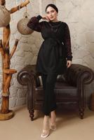 Tesettür giyim KIRMIZI KOLLARI ŞİFON DESENLİ ZİNCİR DETAYLI PANTOLONLU TAKIM T 8103