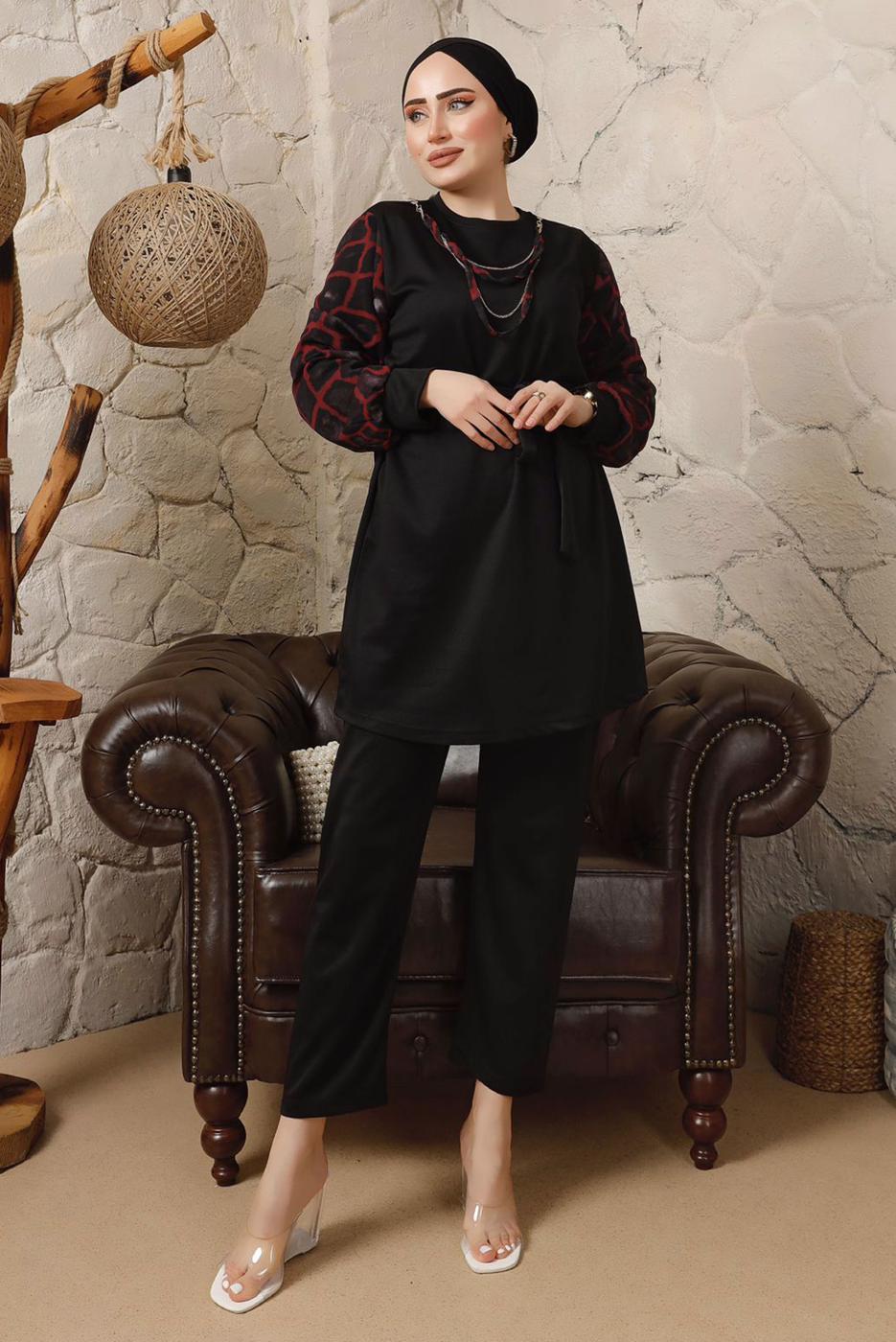 Tesettür giyim KIRMIZI KOLLARI ŞİFON DESENLİ ZİNCİR DETAYLI PANTOLONLU TAKIM T 8103