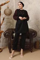 Tesettür giyim KIRMIZI KOLLARI ŞİFON DESENLİ ZİNCİR DETAYLI PANTOLONLU TAKIM T 8103