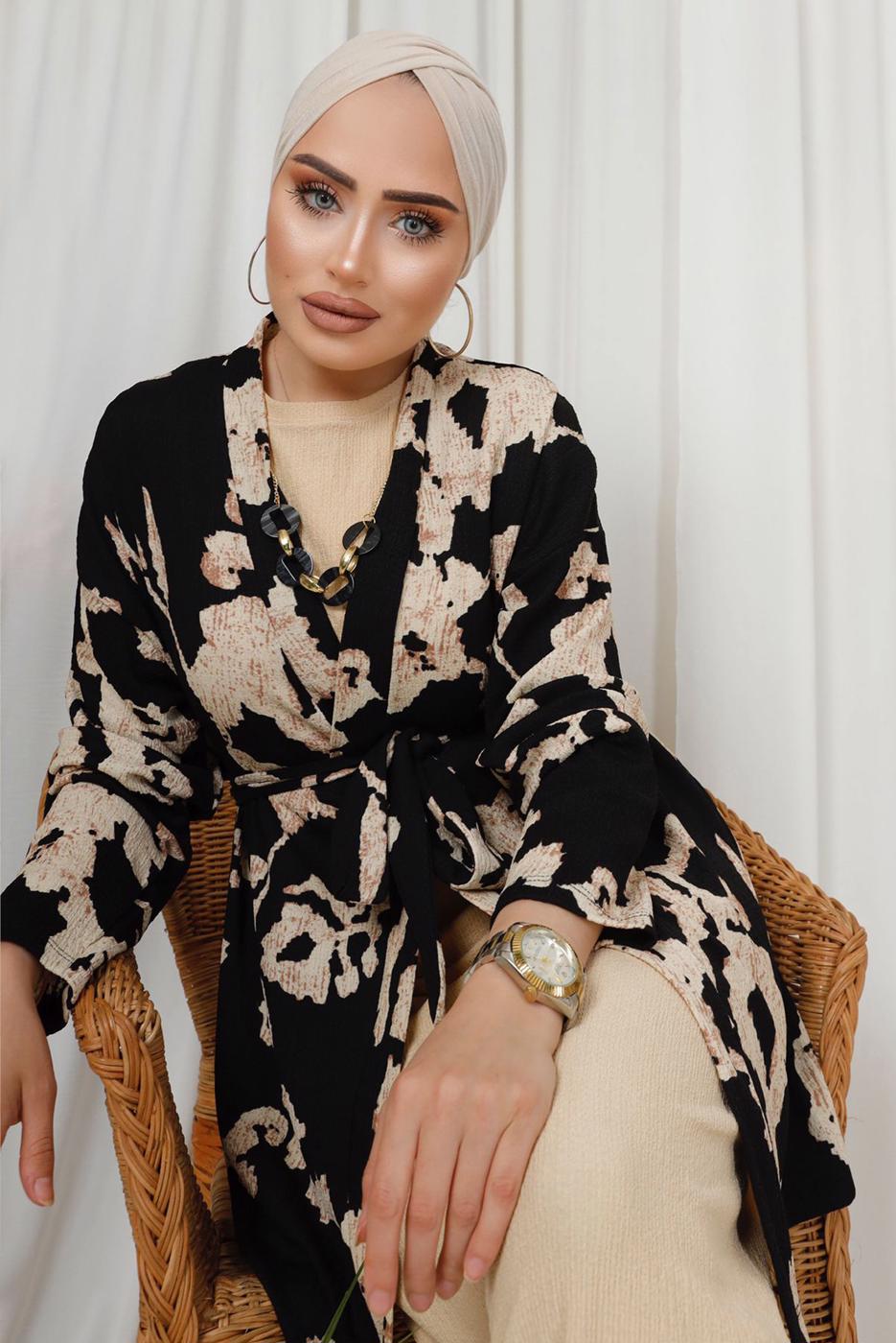 Tesettür giyim SİYAH DESENLİ ZİNCİR DETAYLI ÜÇLÜ PANTOLONLU TAKIM T 8133
