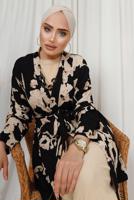 Tesettür giyim SİYAH DESENLİ ZİNCİR DETAYLI ÜÇLÜ PANTOLONLU TAKIM T 8133