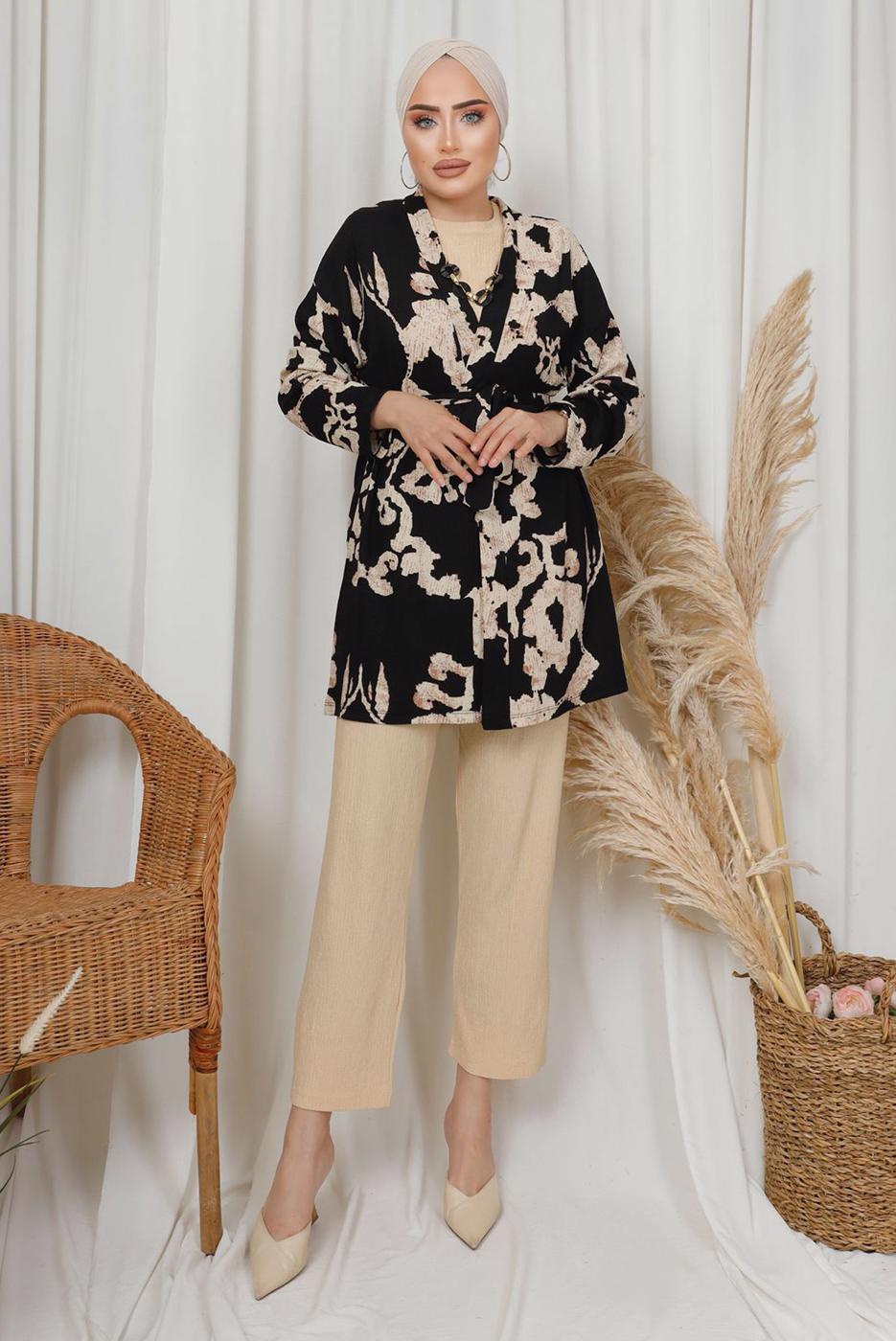 Tesettür giyim SİYAH DESENLİ ZİNCİR DETAYLI ÜÇLÜ PANTOLONLU TAKIM T 8133