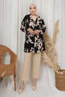Tesettür giyim SİYAH DESENLİ ZİNCİR DETAYLI ÜÇLÜ PANTOLONLU TAKIM T 8133