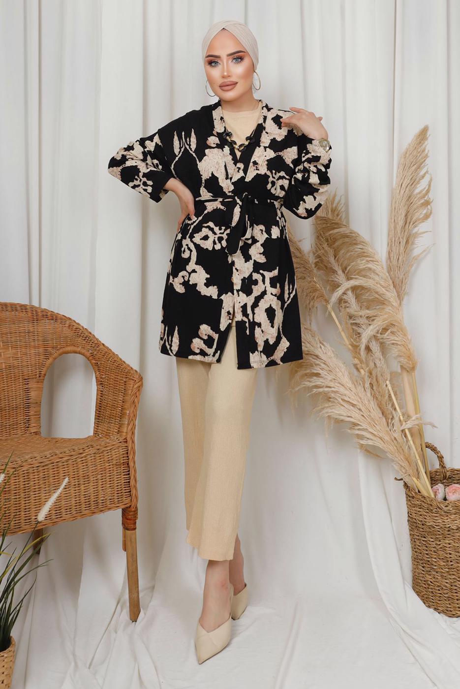 Tesettür giyim SİYAH DESENLİ ZİNCİR DETAYLI ÜÇLÜ PANTOLONLU TAKIM T 8133