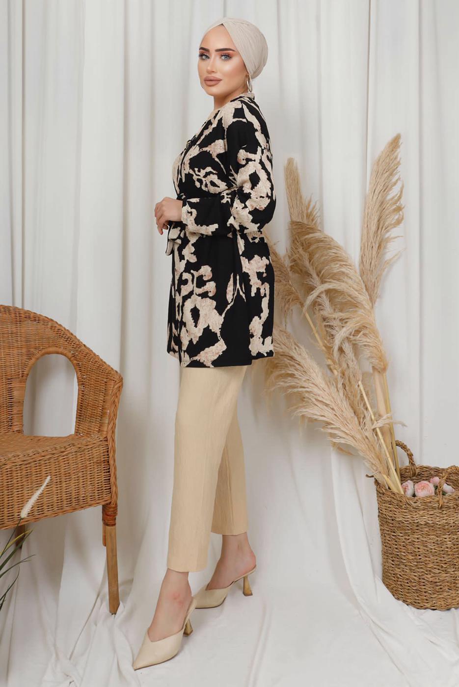 Tesettür giyim SİYAH DESENLİ ZİNCİR DETAYLI ÜÇLÜ PANTOLONLU TAKIM T 8133