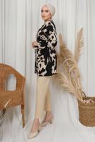 Tesettür giyim SİYAH DESENLİ ZİNCİR DETAYLI ÜÇLÜ PANTOLONLU TAKIM T 8133