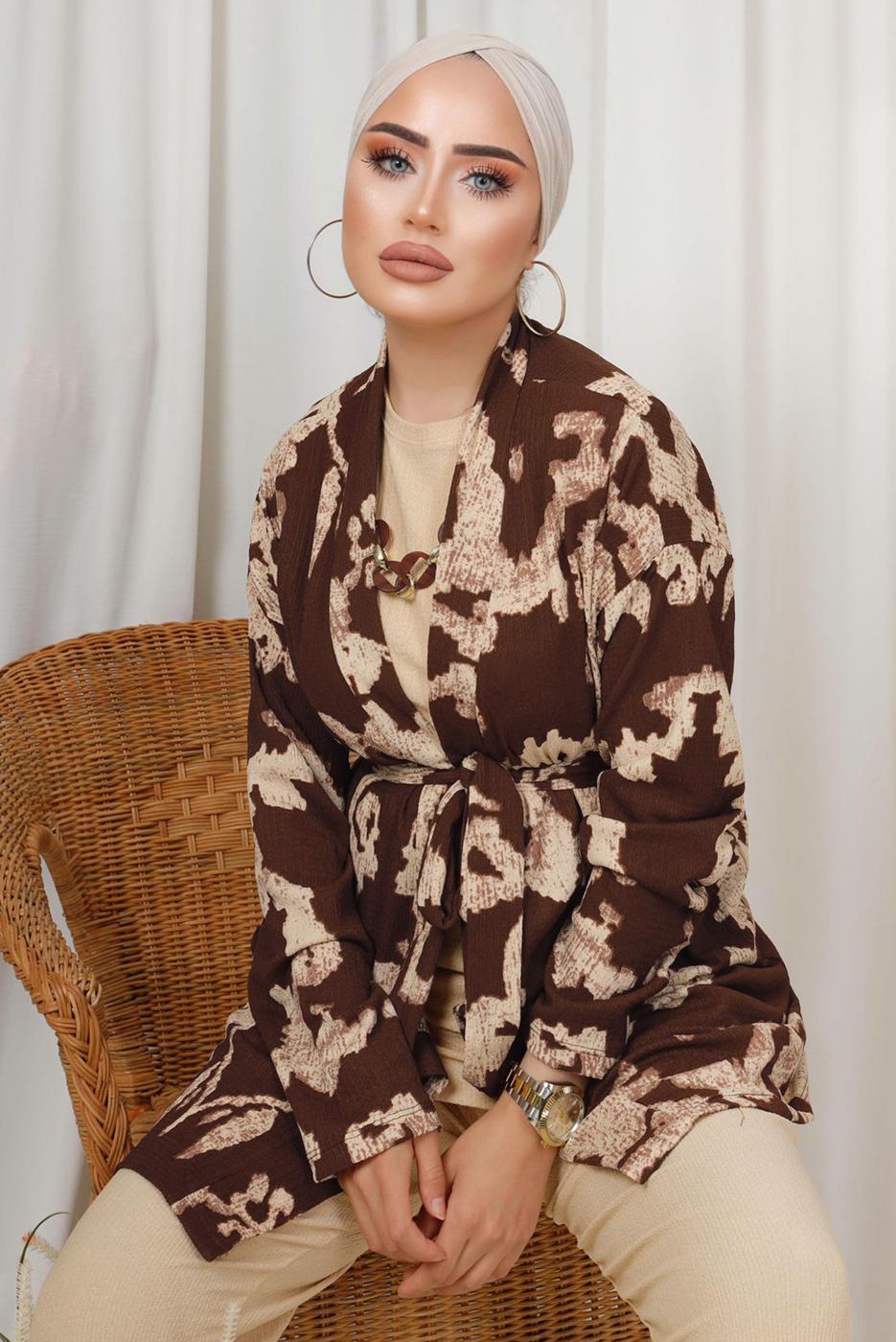 Tesettür giyim KAHVE DESENLİ ZİNCİR DETAYLI ÜÇLÜ PANTOLONLU TAKIM T 8133