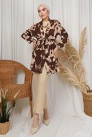 Tesettür giyim KAHVE DESENLİ ZİNCİR DETAYLI ÜÇLÜ PANTOLONLU TAKIM T 8133