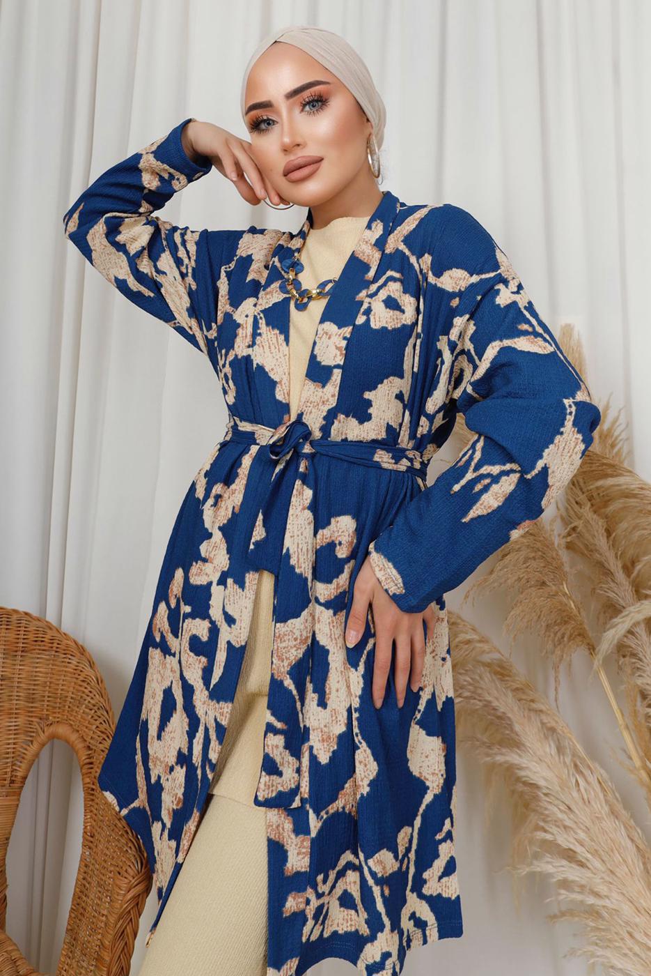 Tesettür giyim LACİVERT DESENLİ ZİNCİR DETAYLI ÜÇLÜ PANTOLONLU TAKIM T 8133