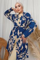 Tesettür giyim LACİVERT DESENLİ ZİNCİR DETAYLI ÜÇLÜ PANTOLONLU TAKIM T 8133