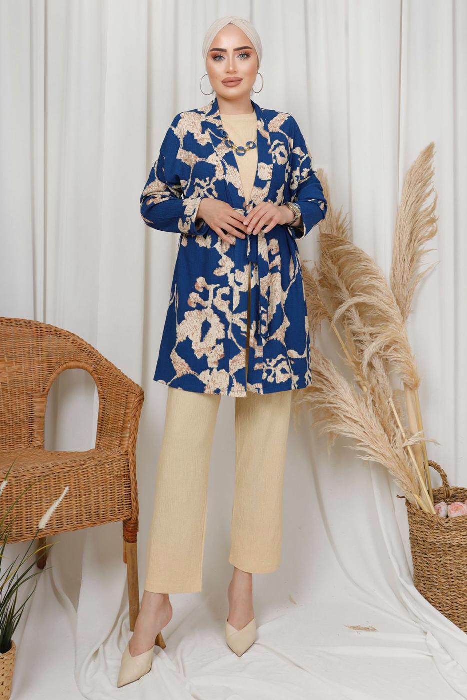 Tesettür giyim LACİVERT DESENLİ ZİNCİR DETAYLI ÜÇLÜ PANTOLONLU TAKIM T 8133