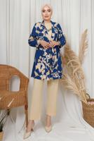 Tesettür giyim LACİVERT DESENLİ ZİNCİR DETAYLI ÜÇLÜ PANTOLONLU TAKIM T 8133