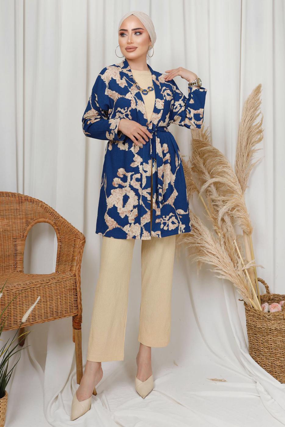 Tesettür giyim LACİVERT DESENLİ ZİNCİR DETAYLI ÜÇLÜ PANTOLONLU TAKIM T 8133