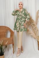 Tesettür giyim YEŞİL DESENLİ ZİNCİR DETAYLI ÜÇLÜ PANTOLONLU TAKIM T 8133