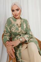 Tesettür giyim YEŞİL DESENLİ ZİNCİR DETAYLI ÜÇLÜ PANTOLONLU TAKIM T 8133