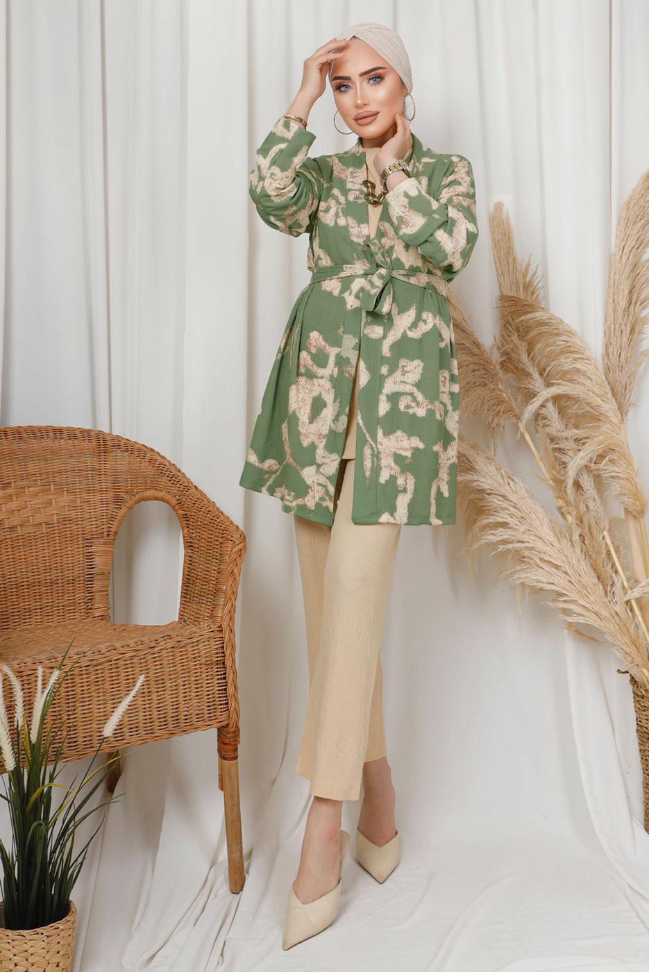 Tesettür giyim YEŞİL DESENLİ ZİNCİR DETAYLI ÜÇLÜ PANTOLONLU TAKIM T 8133